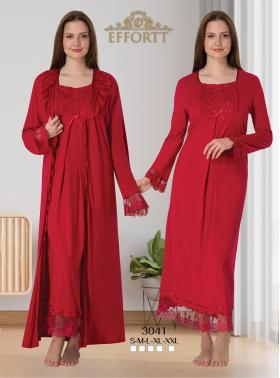 Effortt 3041 VİŞNE Dantelli Sabahlıklı Lohusa Gecelik Takımı